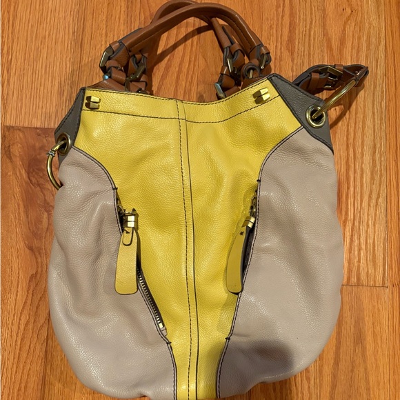 Yellow and tan OrYANY pebble leather colorblock Victoria large hobo bag - Picture 2 of 4